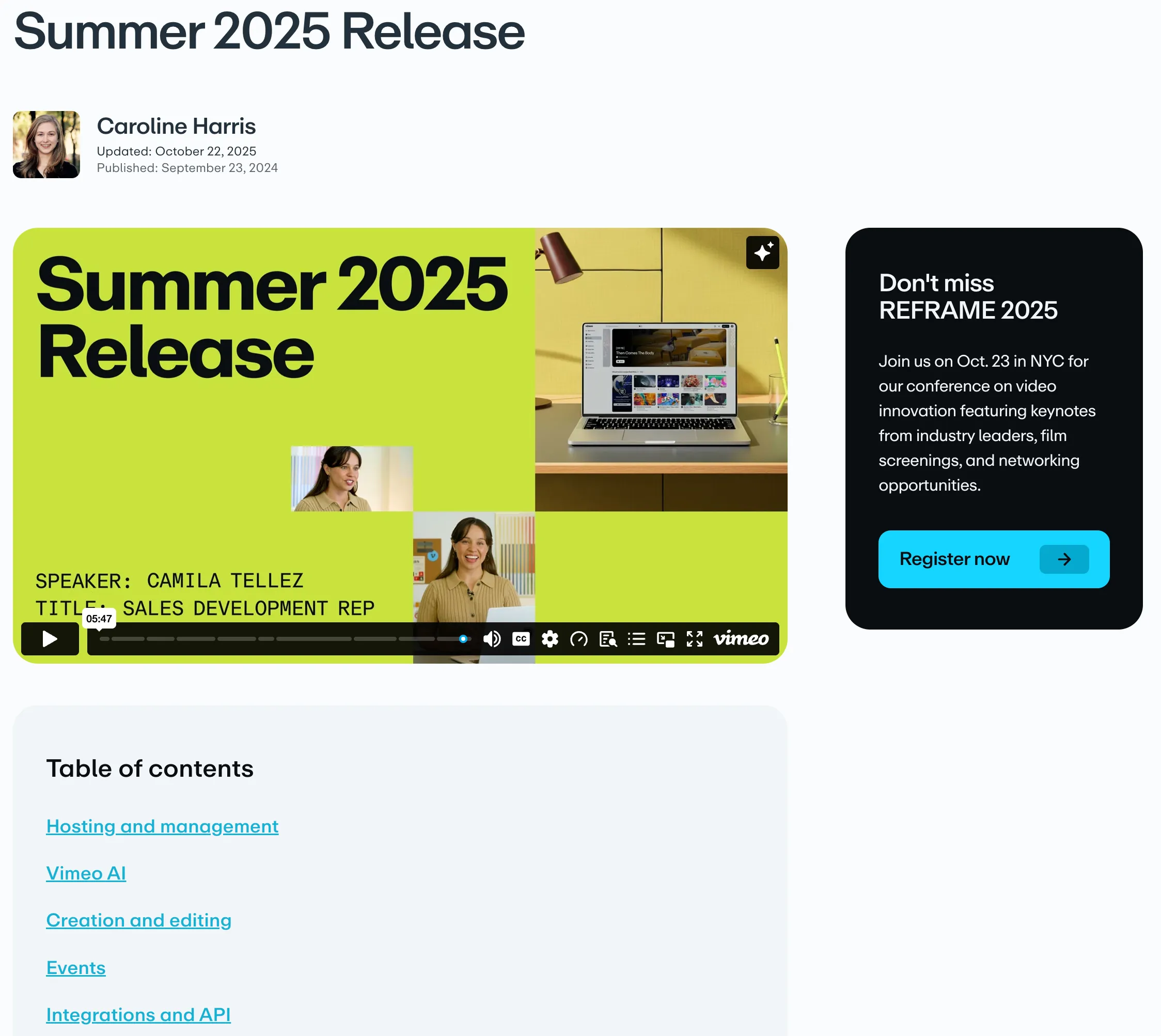 New Vimeo Blog post: headline and byline above an embedded video, a table of contents card, and a dark promo card in the sidebar